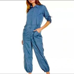 XCVI Women AQUILA JUMPSUIT Sz S Blue Crop Nylon Ruched Sleeve Button Up